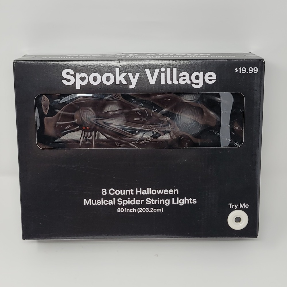 Spooky Village Halloween Musical Spider String Lights 80in Brown Red Eyes 8ct